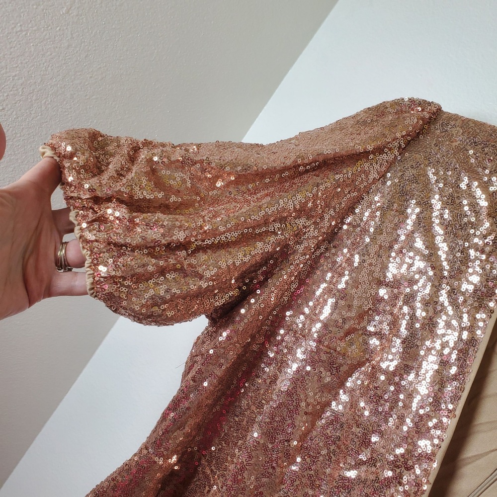 Boohoo NWT Sequin Puff Sleeve Skater Dress Champagne Rose Gold Plus Size 16 - Picture 11 of 14
